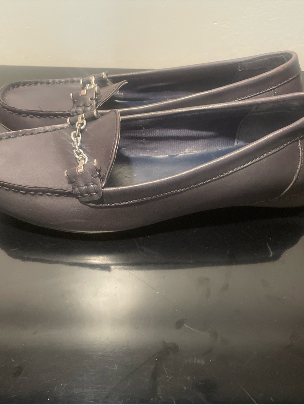 Lauren Ralph Lauren Women's Cayla Slip-On Loafers Leather Black Silver Chain 9 B - Picture 3 of 8